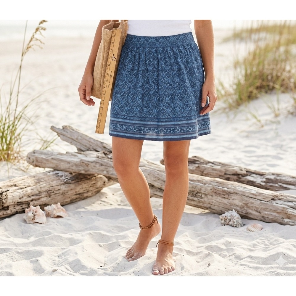 Boho Coastal Blue Geometric Border Mini Skirt L Retro Indie Resortwear Beach - Picture 1 of 12
